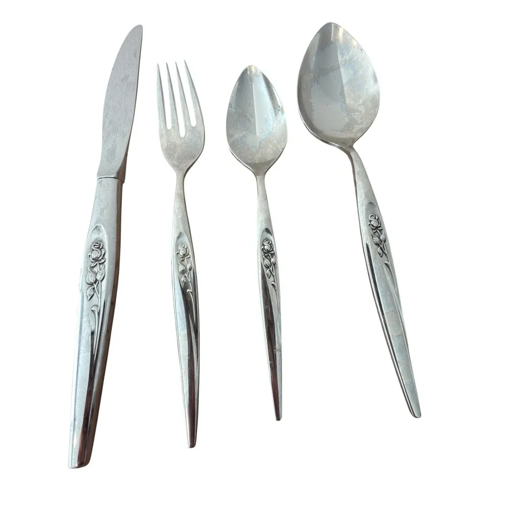 MCM Vintage Sears Tradition Stainless Gentle Rose Flatware (Set 52) Rose Handles